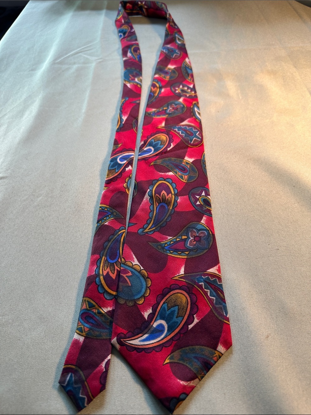 Perry Ellis Paisley Silk Tie in Magenta, Blue and Gold